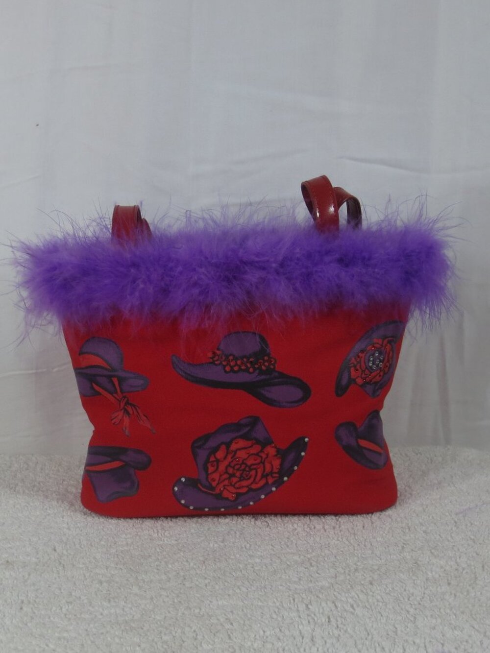 90s Red Hat Bag Red Purple Fabric Vinyl Rhinestone Feather Small Shoulder Purse
